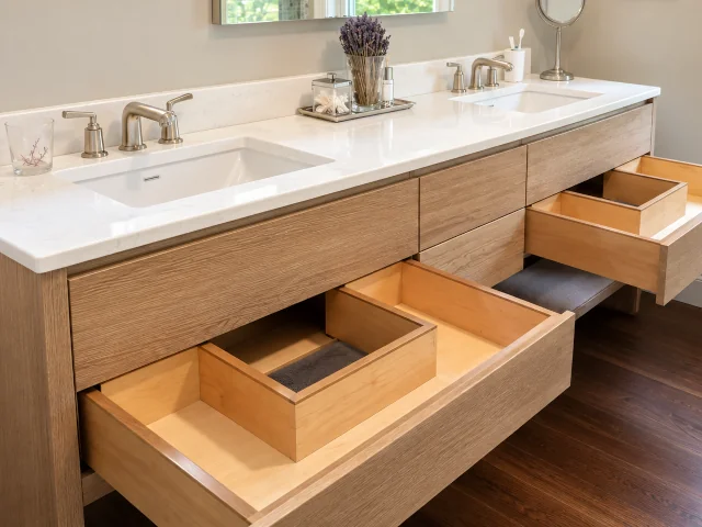 Notched bathroom vanity drawers maximize storage space.