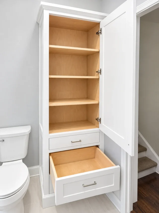 Bathroom linen cabinet built by Action Cabinetry