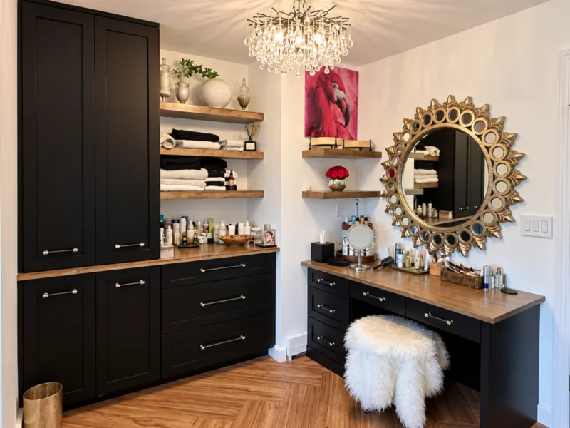 Modern glamorous master bathroom vanity built by Action Cabinetry