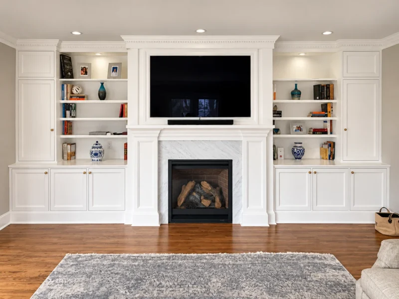 Symmetrical white wall unit and fireplace surround custom built by Action Cabinetry