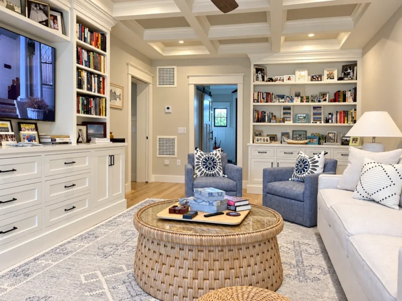 Built-in bookcases and entertainment center designed, built, and installed by Action Cabinetry
