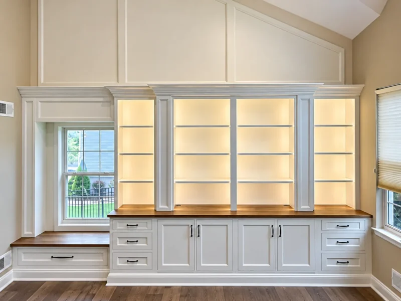 Custom shelving unit with bench seating in formal living room