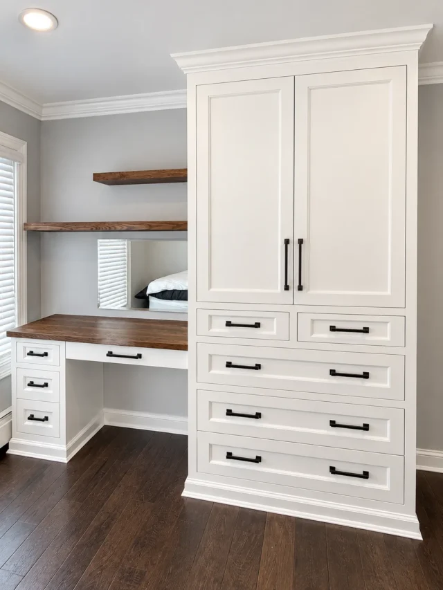 Wardrobe cabinet and makeup station · framed inset cabinets&nbsp;· white oak tops&nbsp;· floating shelves&nbsp;· LED&nbsp;lighting
