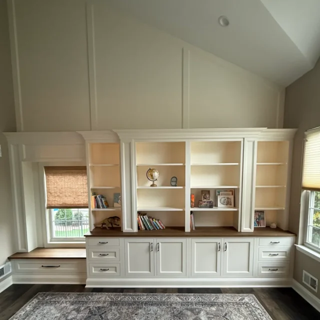 Wall unit and bench seating · framed inset cabinets&nbsp;· white oak tops&nbsp;· LED&nbsp;lighting&nbsp;· millwork