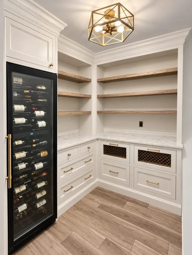 Walk-in pantry · framed inset cabinets · vented bread drawers · stained hickory shelves&nbsp;· painted finish&nbsp;· LED&nbsp;lighting