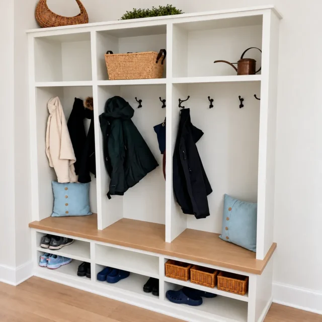 Mudroom cubbies · white oak top&nbsp;· painted