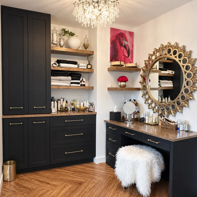 Master bath cabinetry, shelving, and makeup station&nbsp;· frameless cabinets&nbsp;· shaker doors&nbsp;· stained maple top and shelving