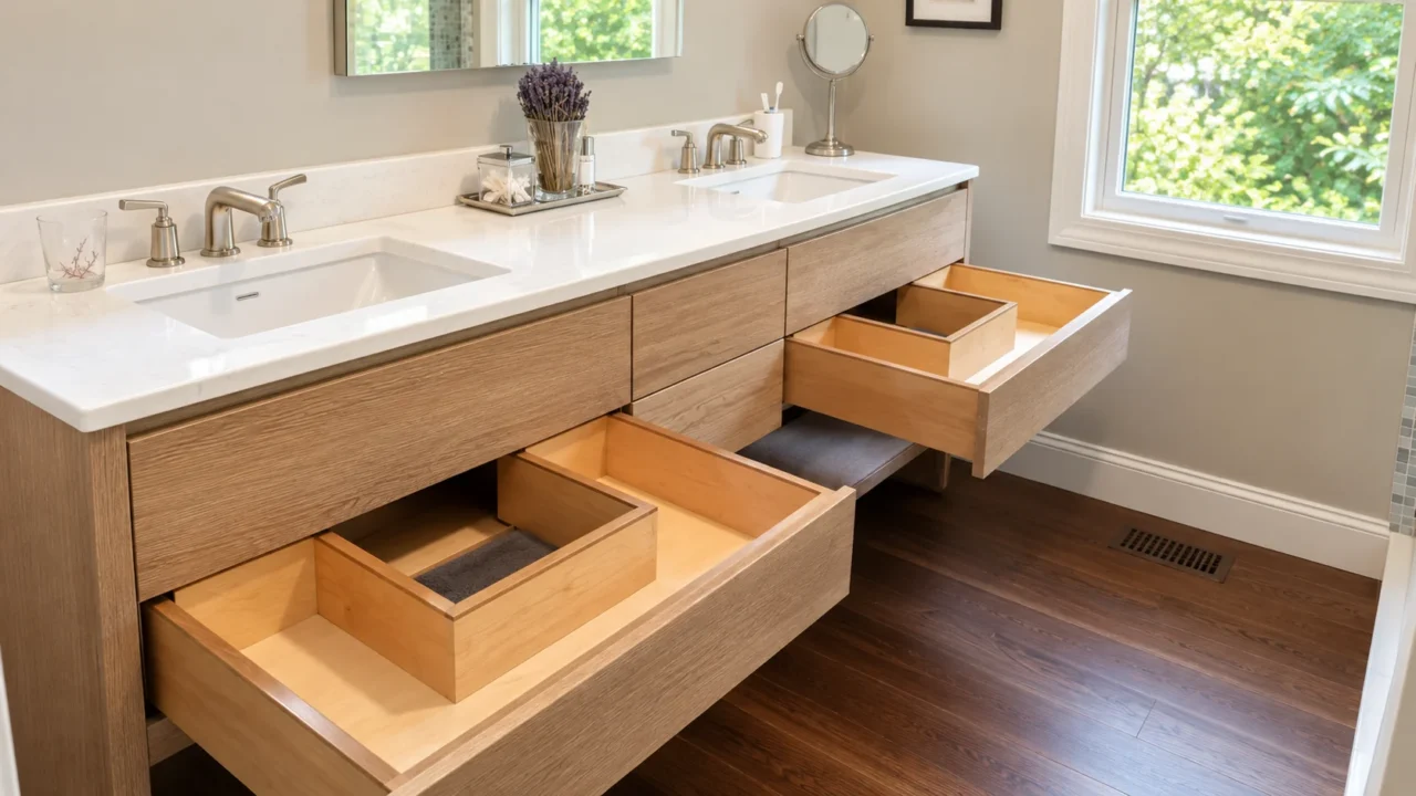 Bathroom vanity - full overlay · slab drawer fronts · notched drawers&nbsp;· rift cut white oak