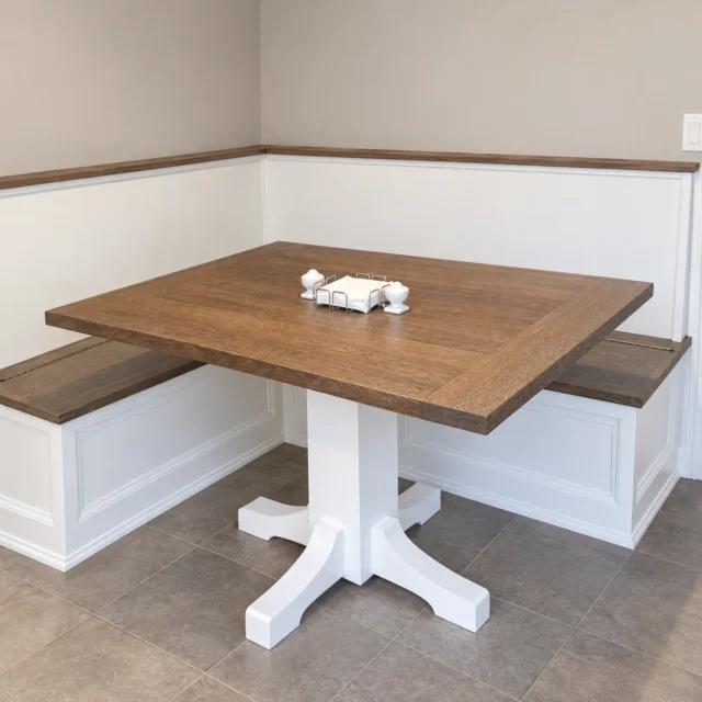 Banquet seating · angled back rest · flip up bench with storage&nbsp;· pedestal table&nbsp;· white oak top
