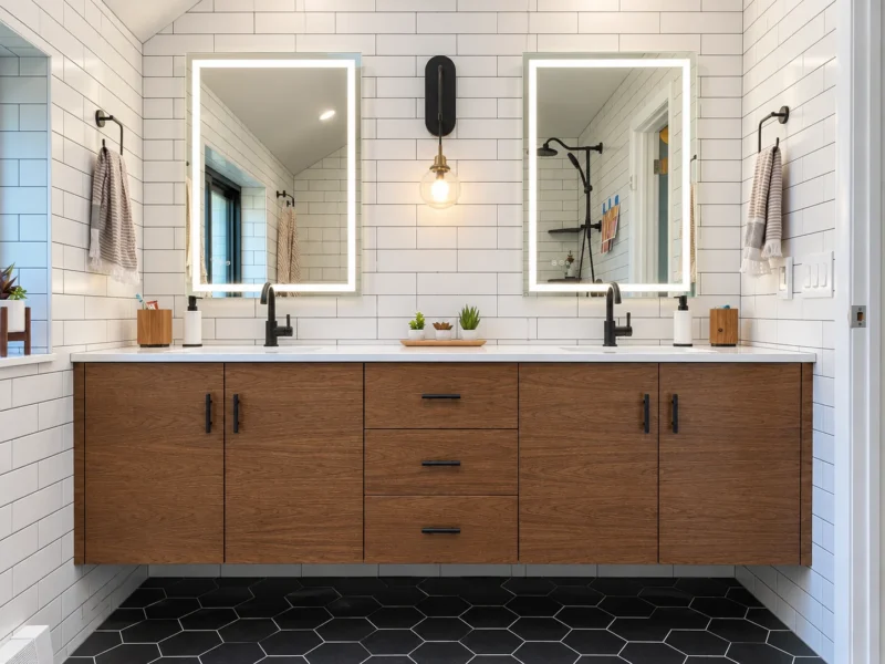 Floating vanity · frameless full overlay&nbsp;· slab fronts&nbsp;· walnut